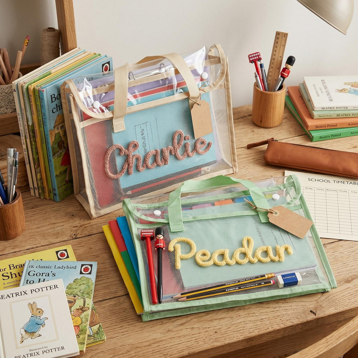 Personalised A4 Clear Handle Folder, Waterproof School Book Bag, Transparent Library Bag for Kids