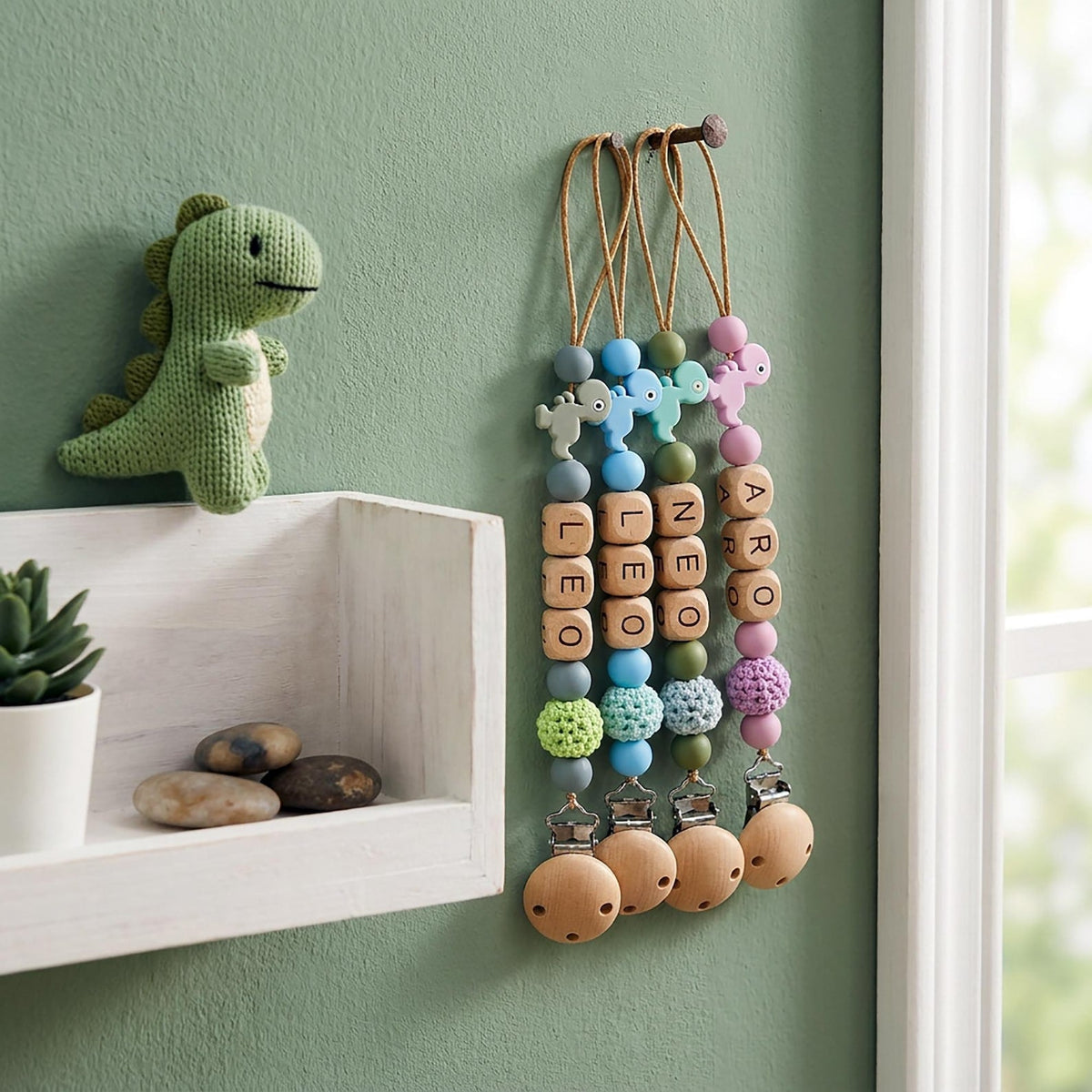 Personalized Dinosaur Pacifier Clip, Custom Name Silicone