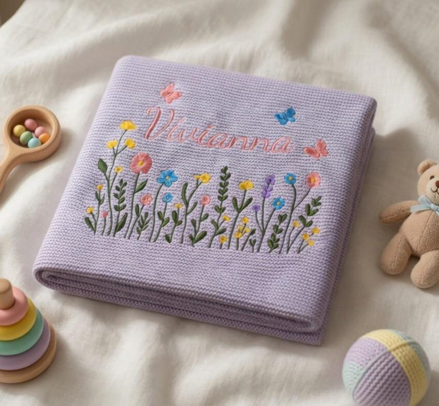 Custom Embroidered Name Blanket with Butterflies and Wildflowers for Newborn