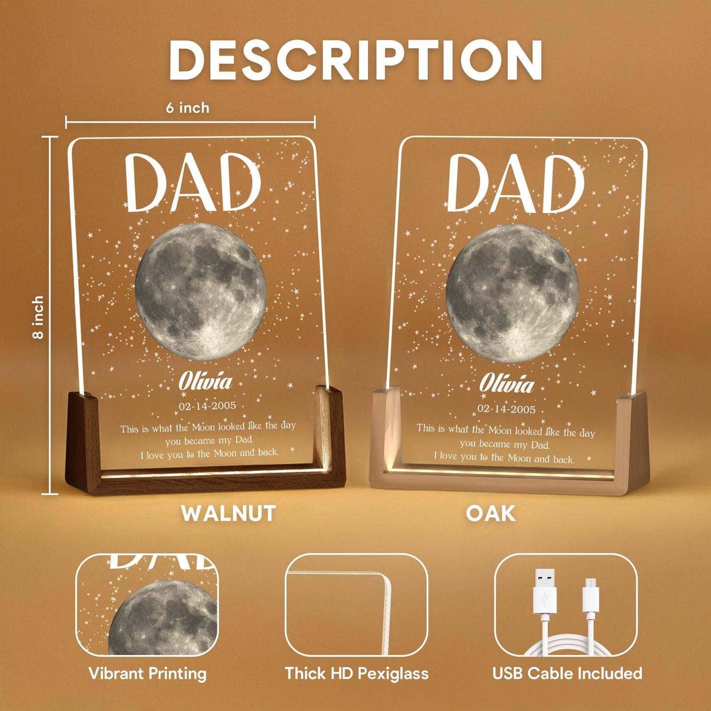 Moon Phase Dad Gift – Personalized Acrylic Plaque Light, Custom Night Sky Gift for Dad