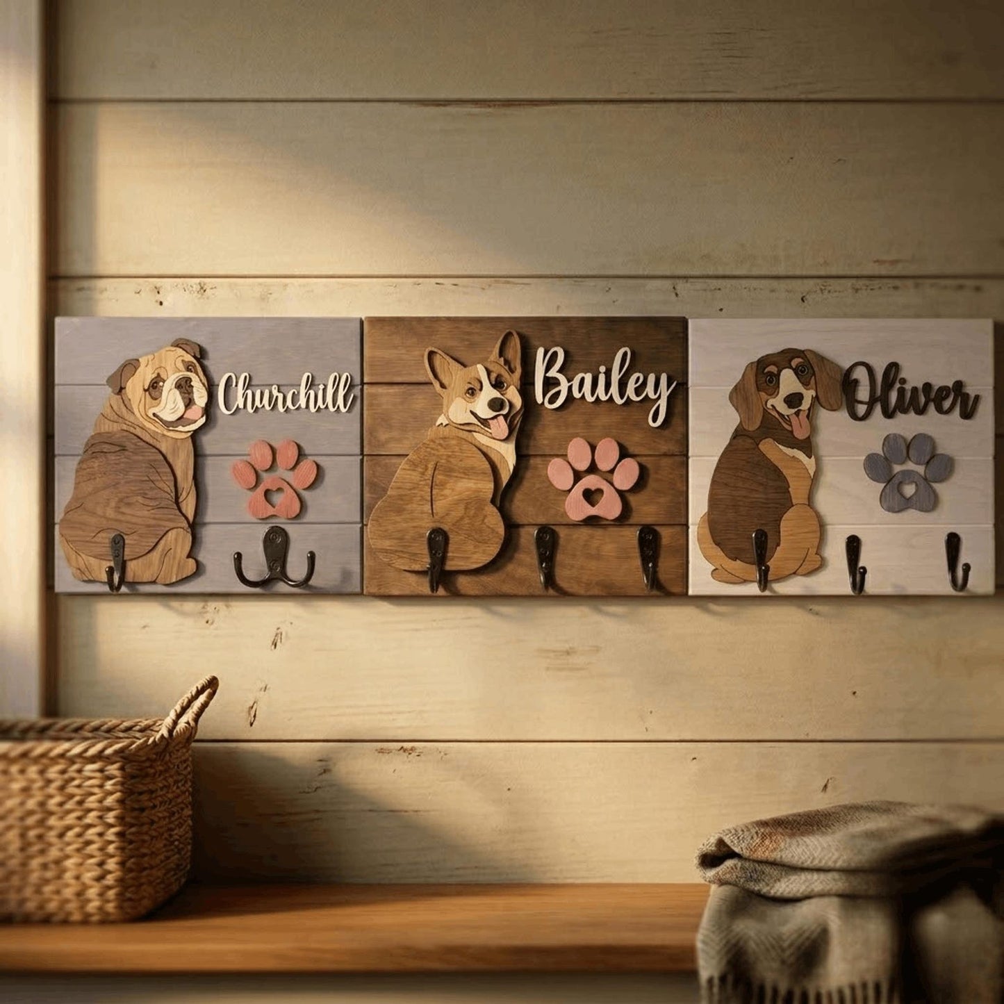 Personalized Dog Leash Holder, Custom Dog Name Sign, 3D Wooden Pet Leash Hook