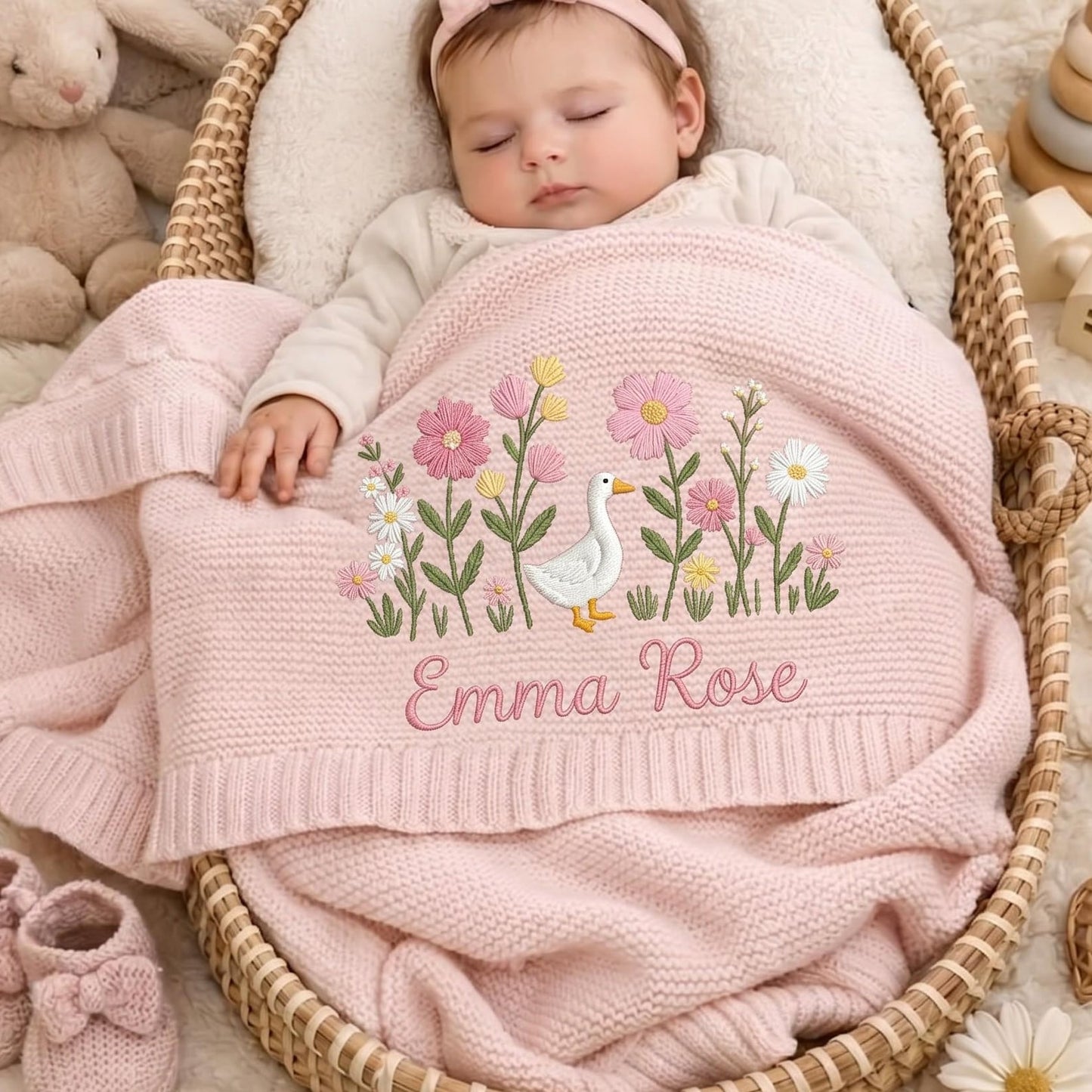 Personalized Embroidered Goose Floral Baby Blanket - Duck Wildflower Knit Throw, Newborn Blanket