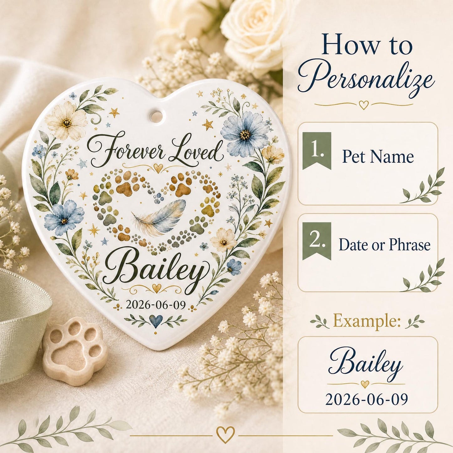 Personalized Pet Memorial Ornament, Custom Ceramic Heart Pet Loss Gift, Rainbow Bridge Keepsake