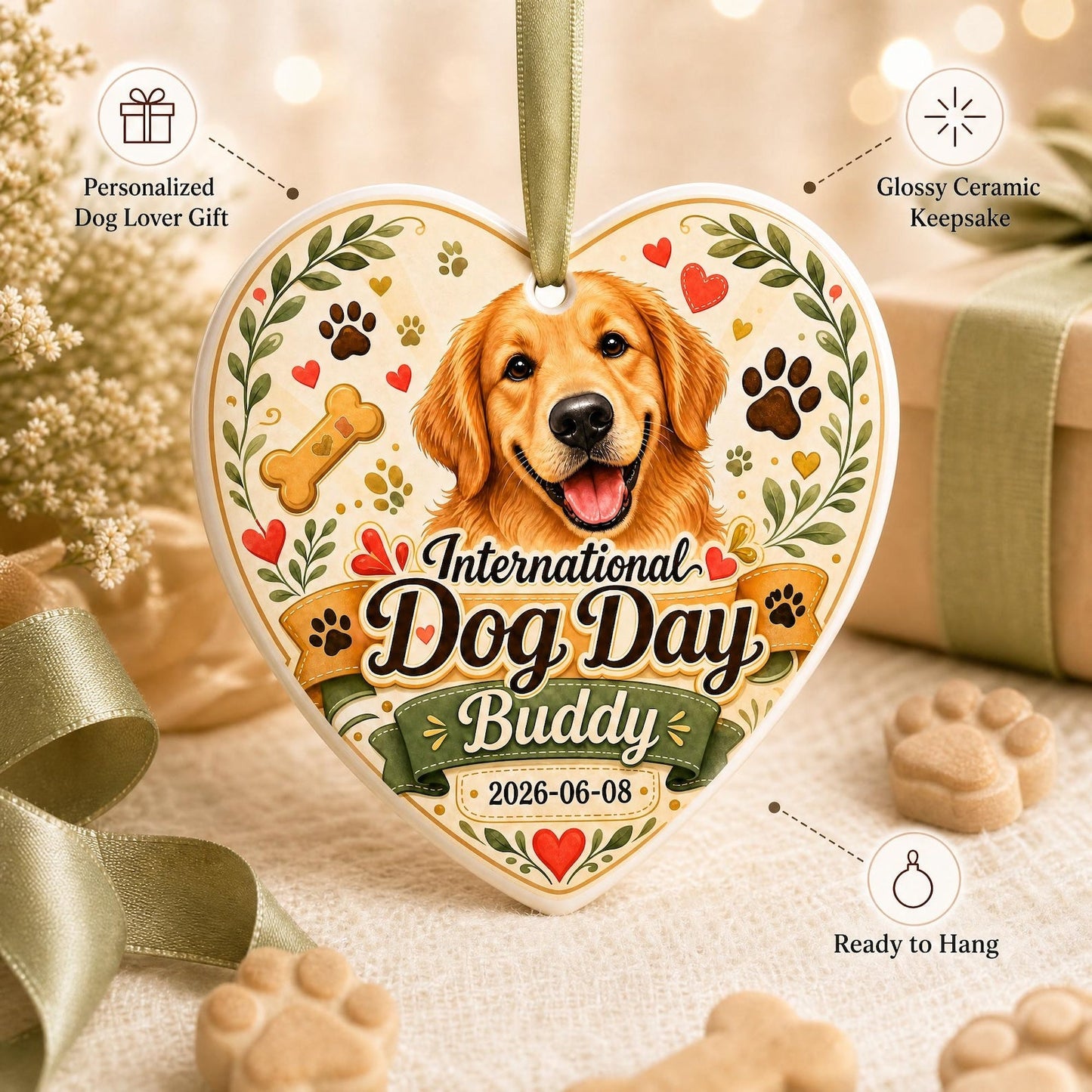 Personalized Dog Ornament, Custom Ceramic Heart Dog Lover Gift, Dog Mom Keepsake