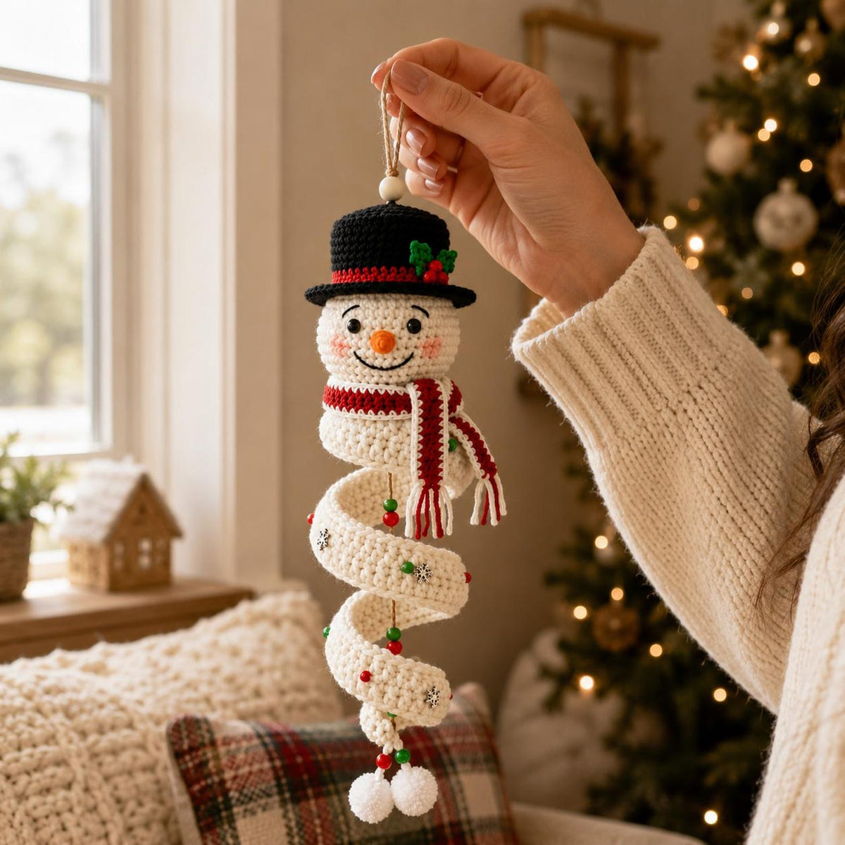 Crochet Christmas Snowman Hanging Decor, Handmade Spiral Snowman Ornament