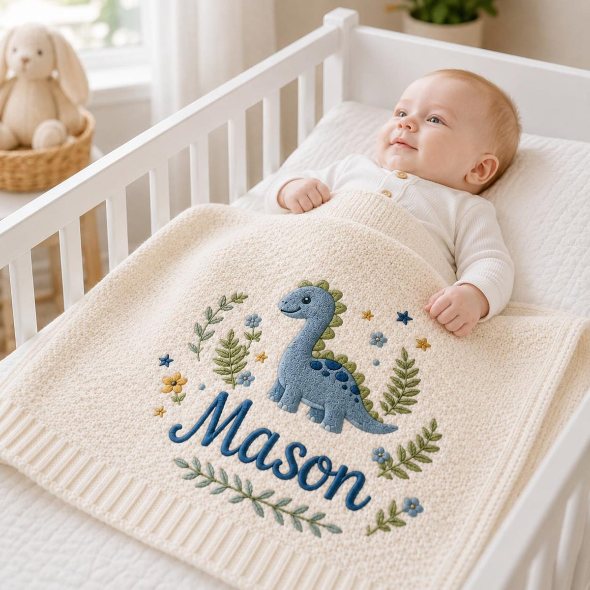 Personalized Baby Blanket with Embroidered Dinosaur, Custom Name Nursery Blanket