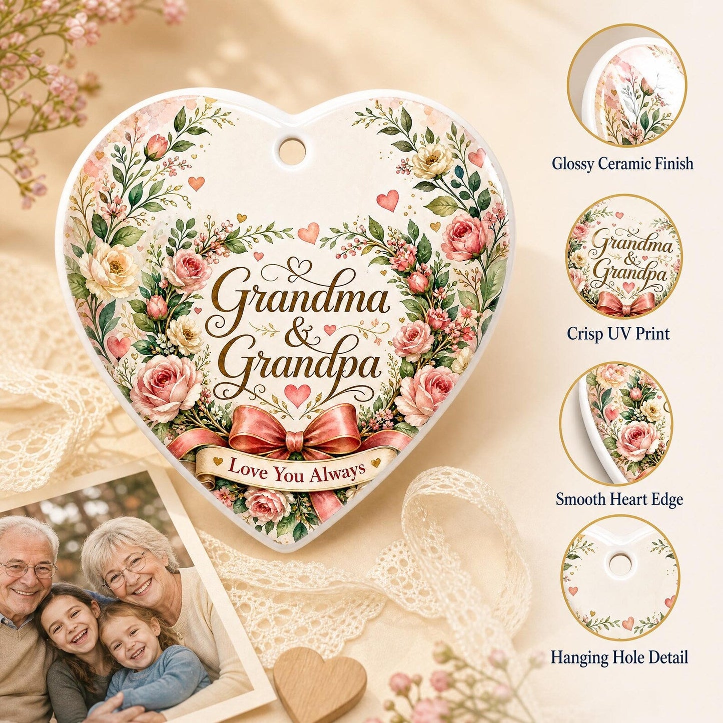 Personalized Grandparents Day Ornament, Custom Ceramic Heart Keepsake