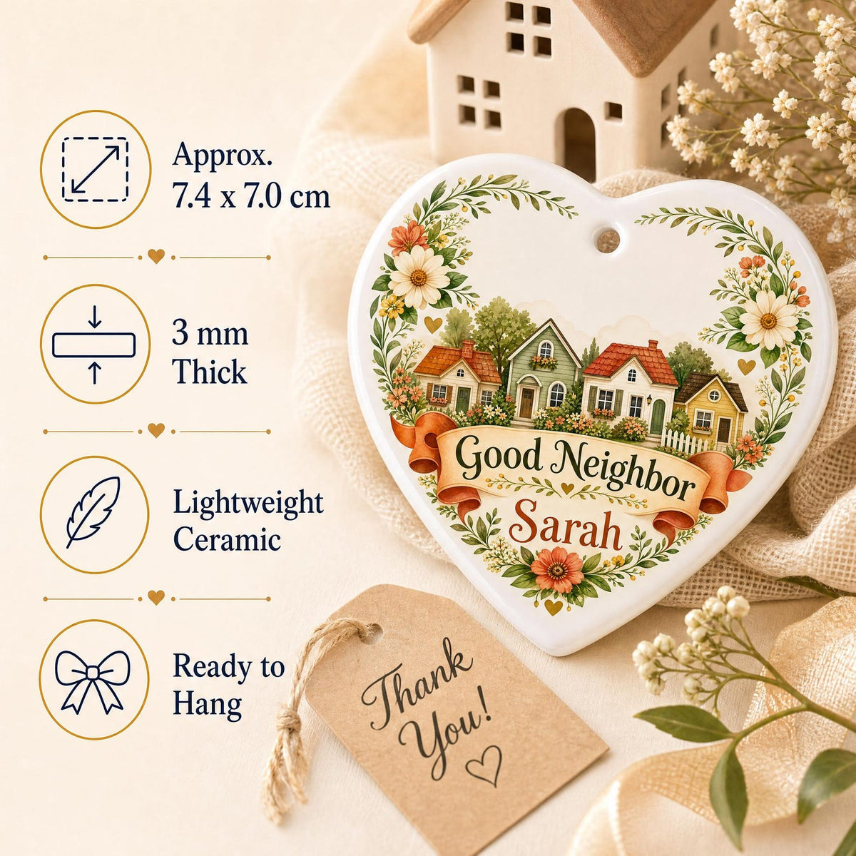 Personalized Good Neighbor Ornament, Custom Ceramic Heart Keepsake