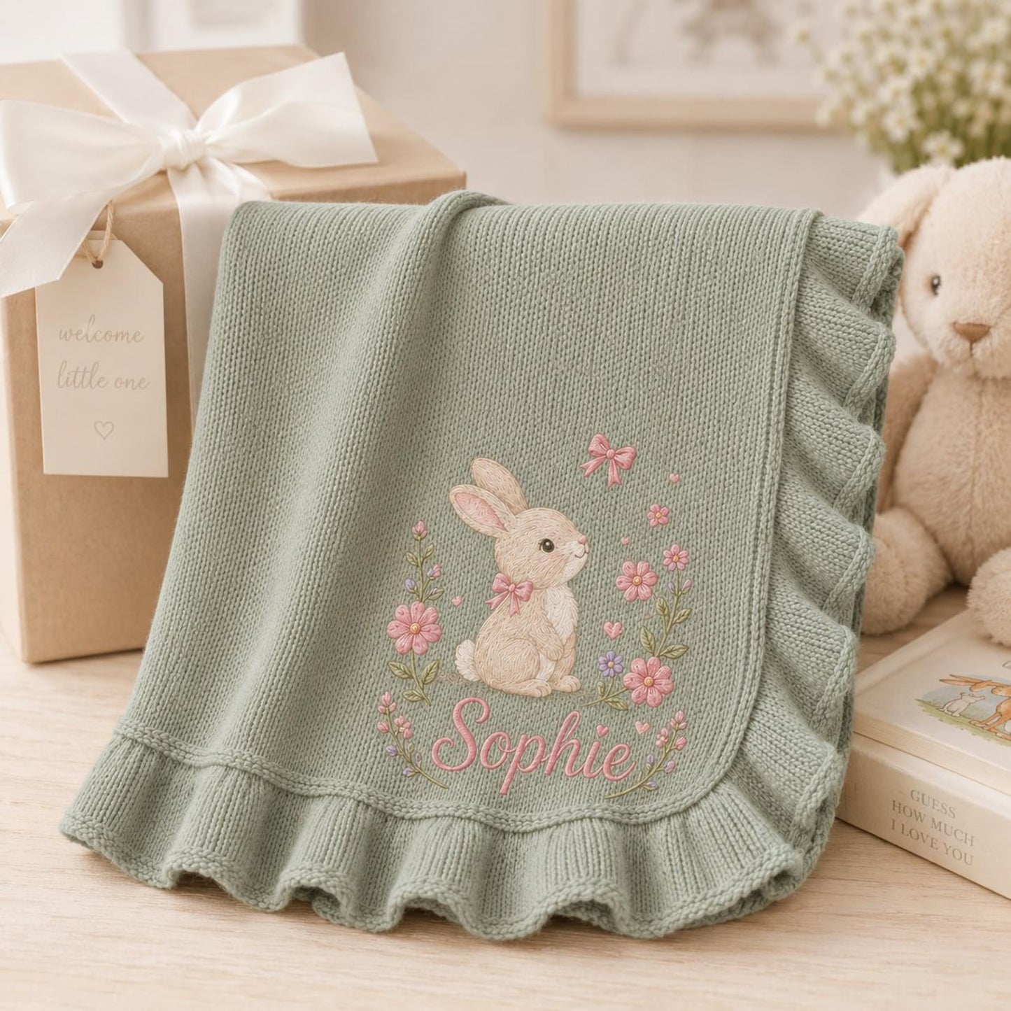 Personalized Baby Girl Blanket, Embroidered Bunny & Floral, Custom Name Sophie