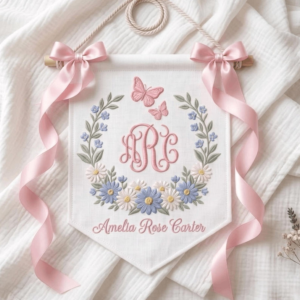 Floral Embroidered Baby Name Banner, Personalized Monogram Nursery Pennant