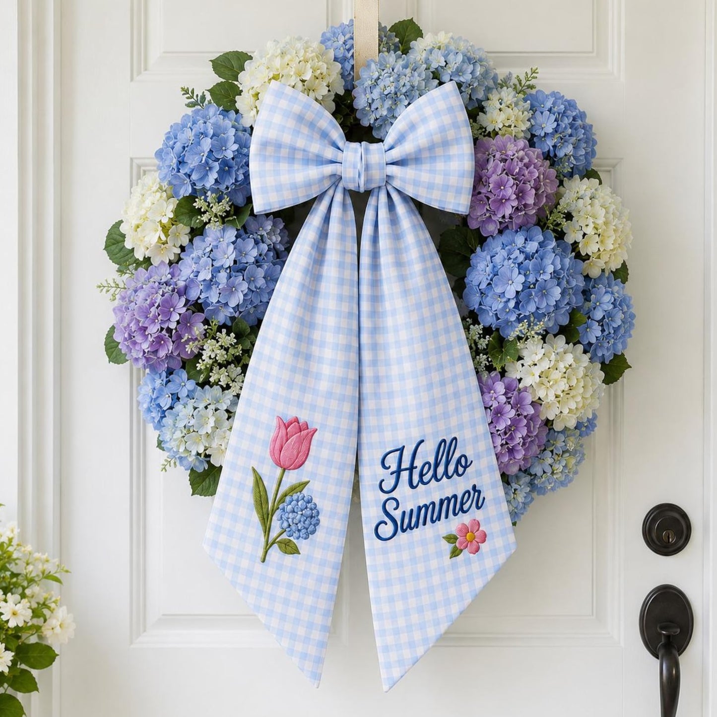 Hello Summer Wreath Sash, Personalized Blue Gingham Door Ribbon