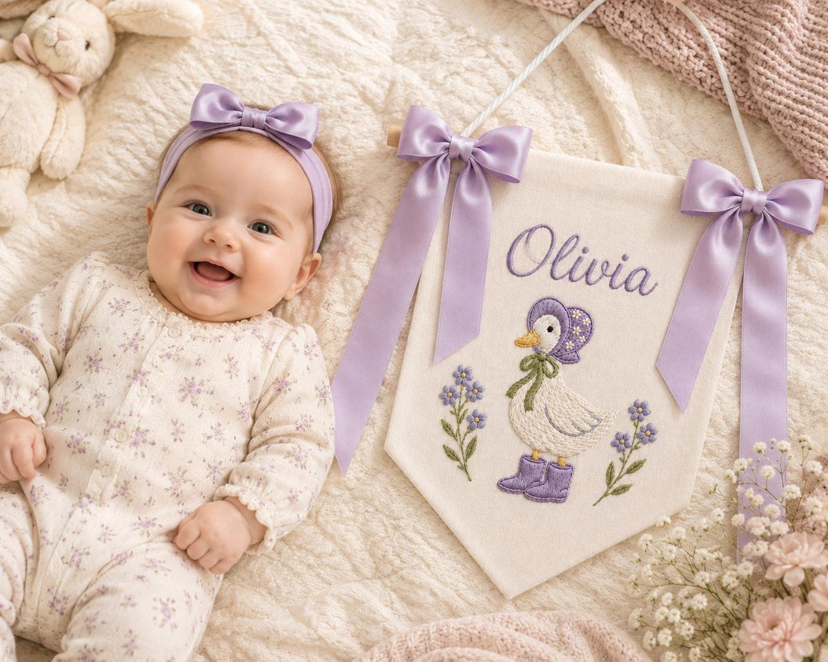Embroidered Baby Name Banner, Custom Nursery Door Sign, Baby Announcement Banner Hospital Door Sign
