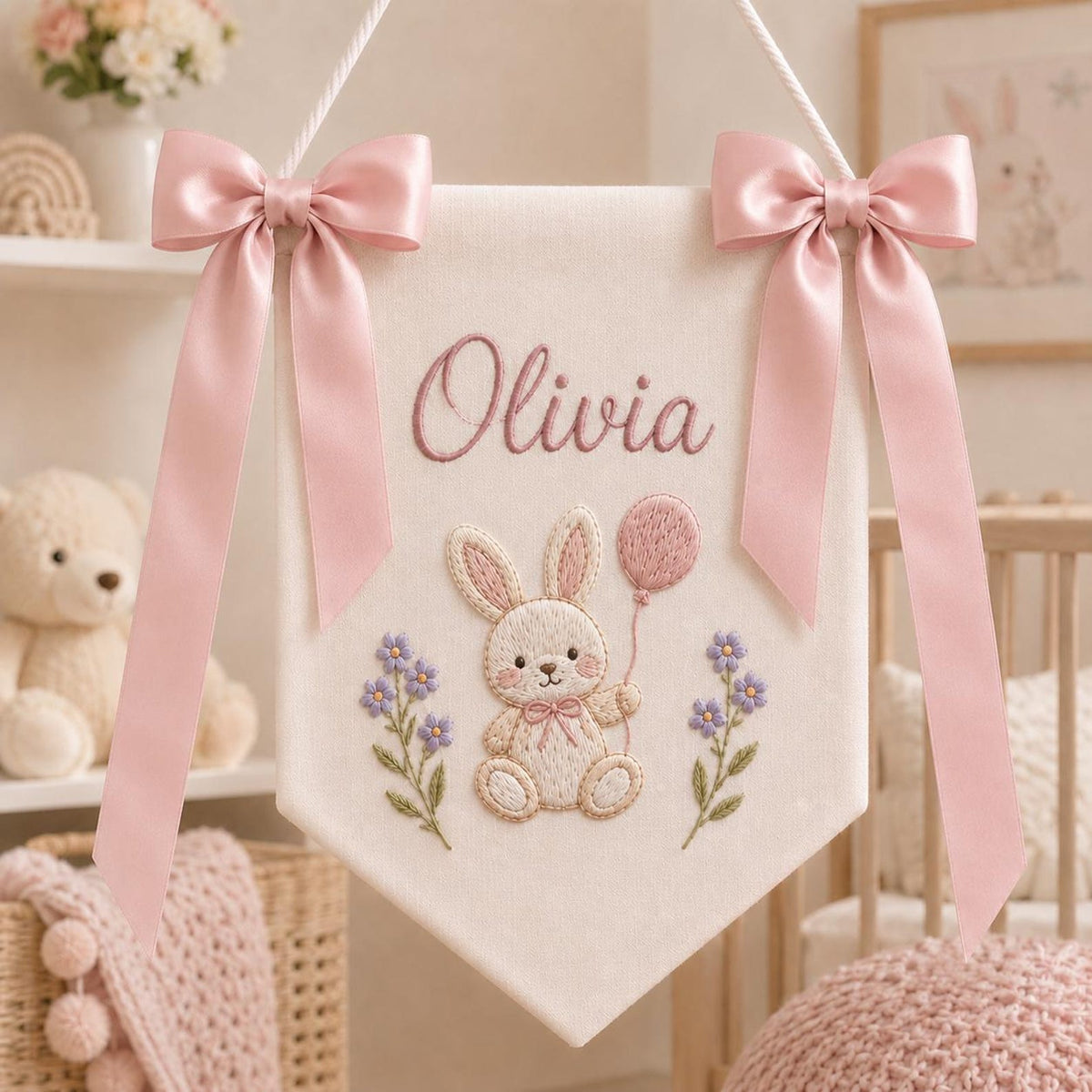 Personalized Bunny Baby Name Banner, Custom Nursery Door Sign, Bunny Baby Banner