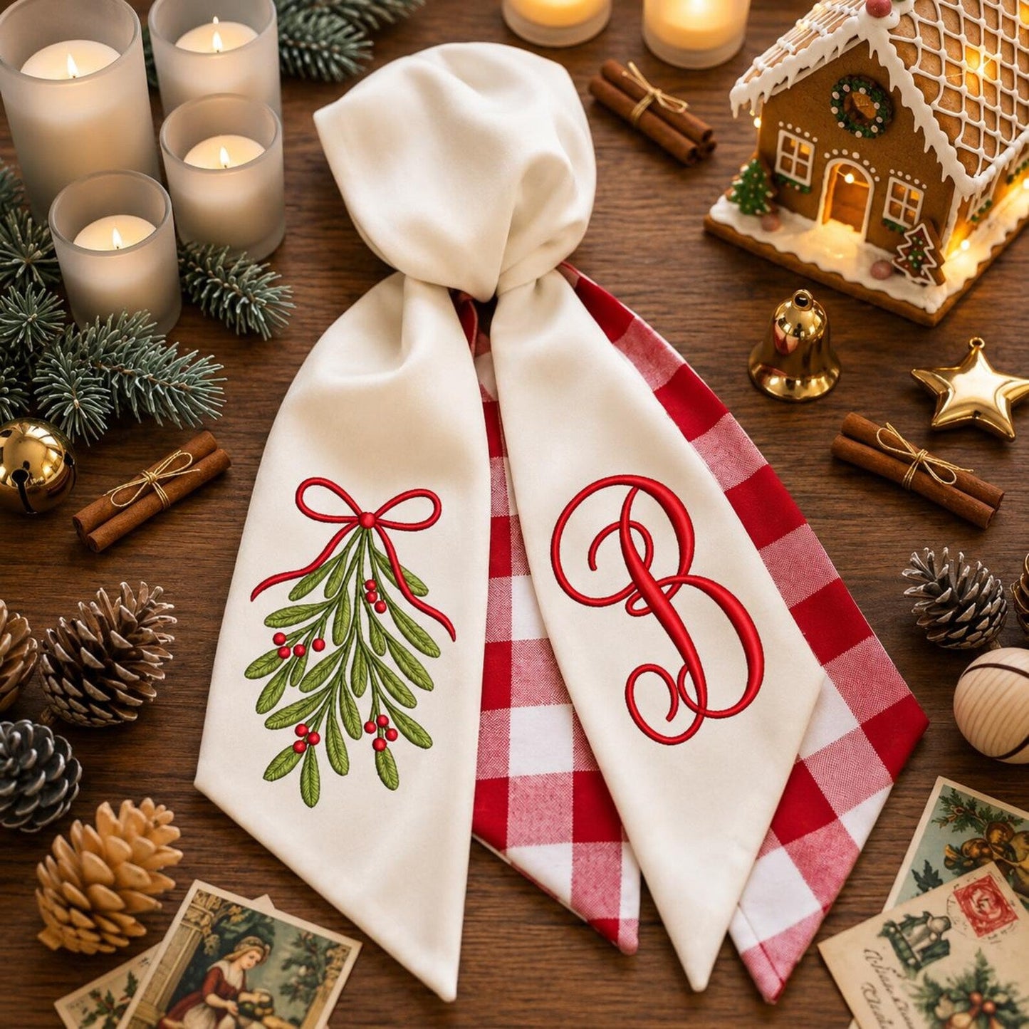 Monogram Wreath Sash, Mistletoe Christmas Ribbon Set, Red Gingham Tree Topper