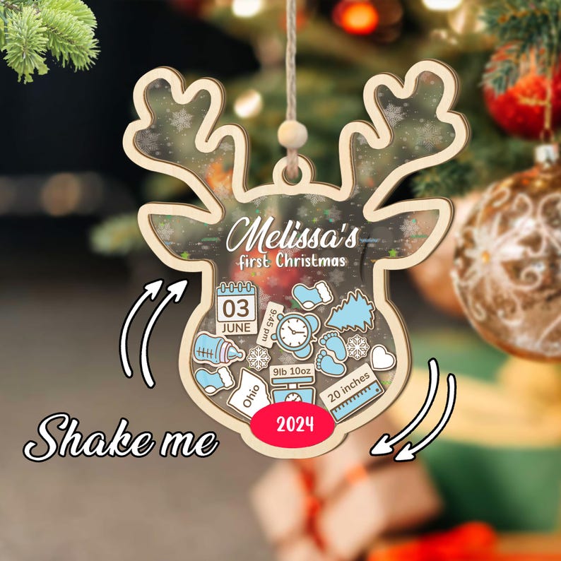 Customize Reindeer Baby 1st Christmas Ornament, 4D Shaker Baby Shower Gift