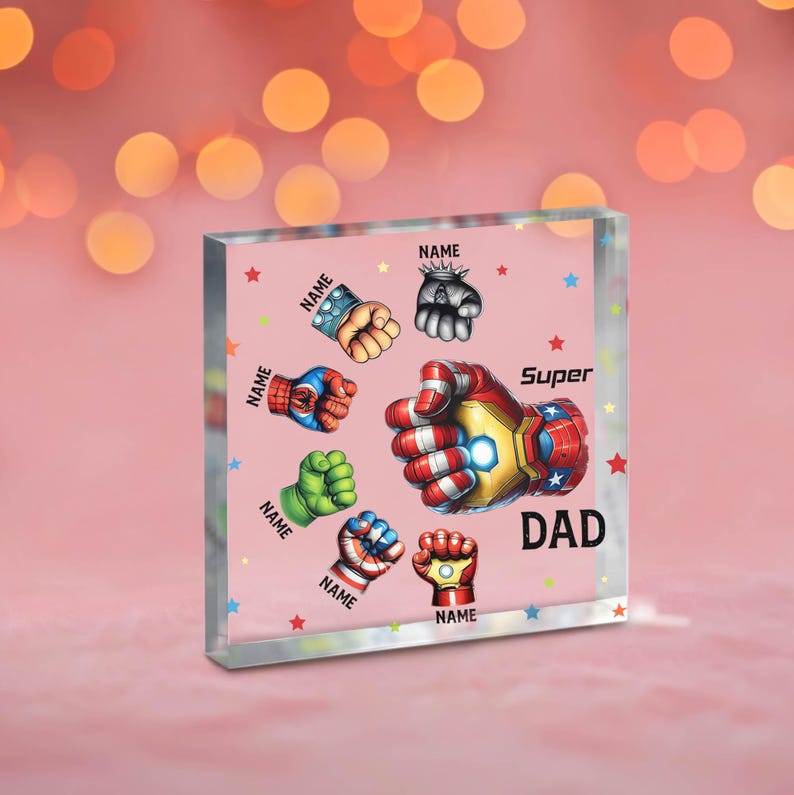 Personalized Superhero Dad Fist Bump Up to 6 Kids Acrylic Plaque