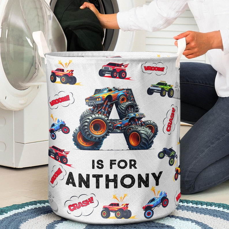 Monster Truck Alphabet, Personalized Laundry Storage Basket