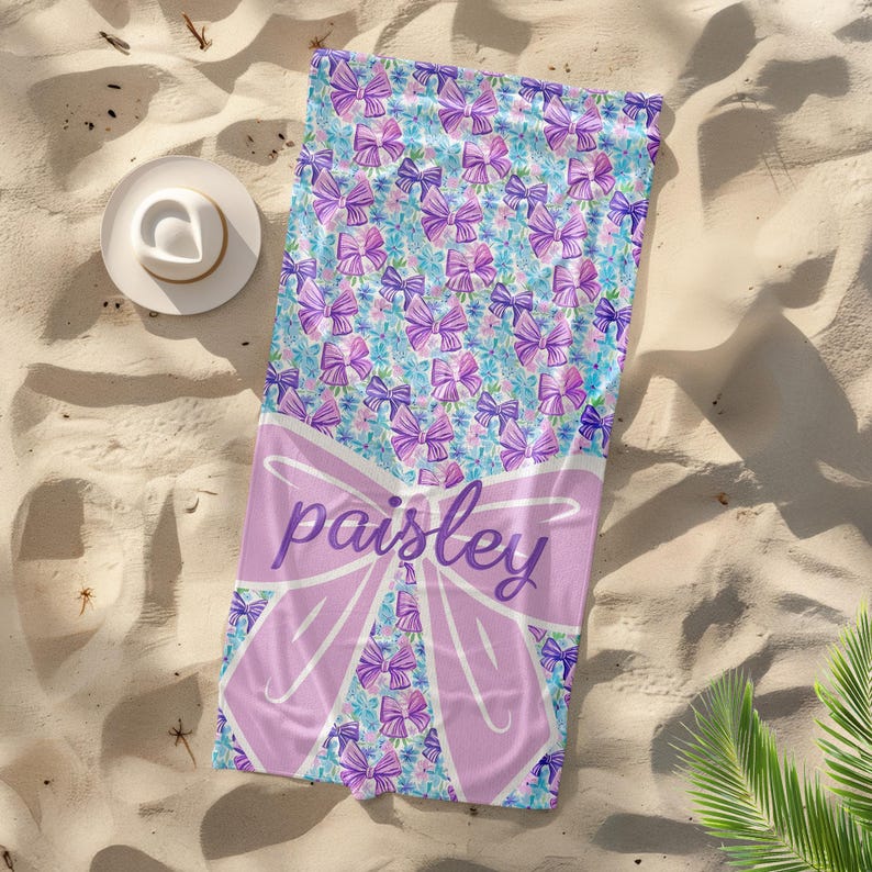 Girls Personalized Bow Floral Beach Towel, Preppy Girls Pool Towel with Name