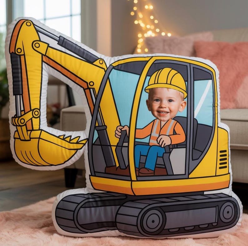 Personalized Funny Construction Excavator Pillow, Custom Kid Photo Face Pillow