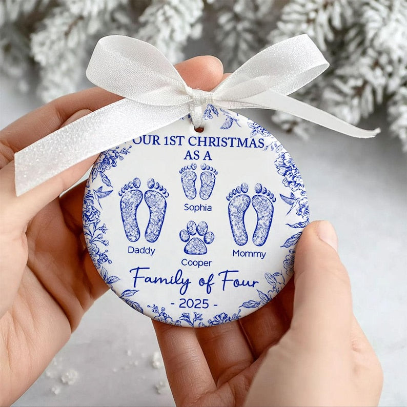 Custom Family of 4 First Christmas Keepsake with Footprints