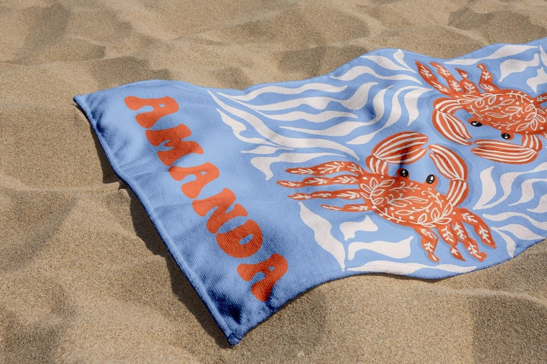 Personalized Crab Beach Towel, Seahorse/Fish/Dolphin Name Towel for Child