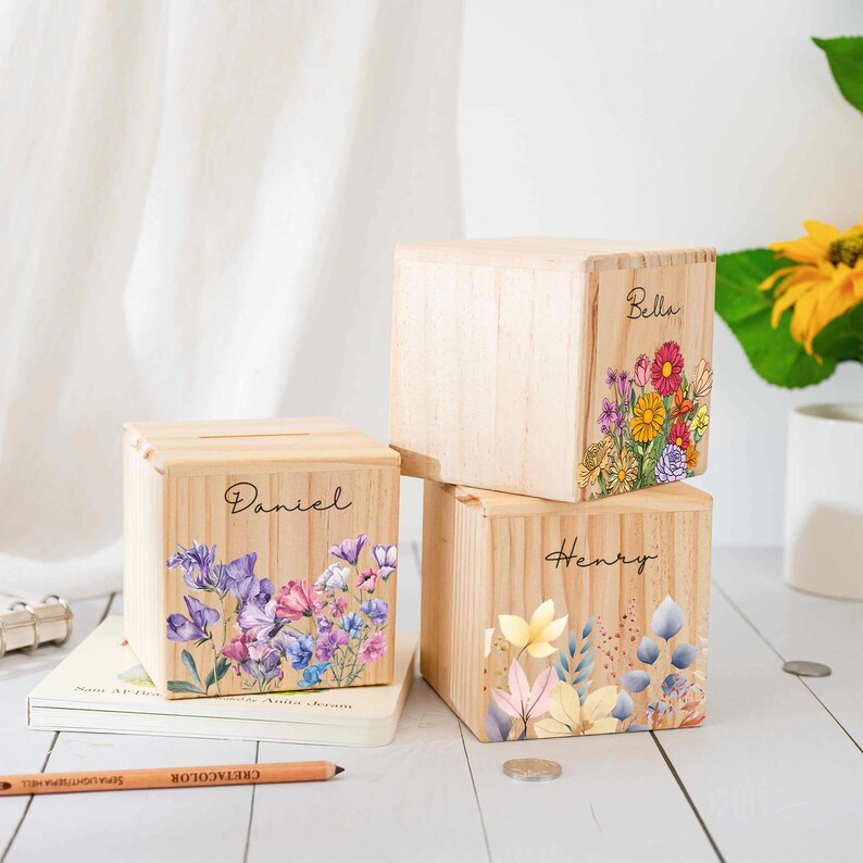 Custom Saving Bank with Kid Name, Flower Wooden Money Box Gift
