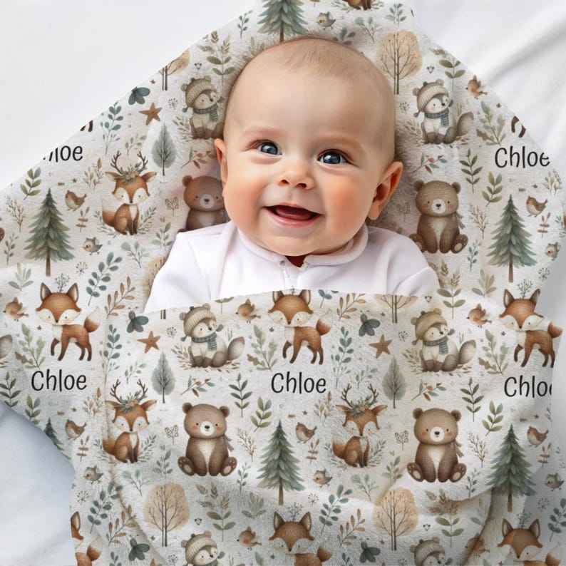 Woodland Animal Blanket Personalized Plush Velveteen Baby Throw for Kids