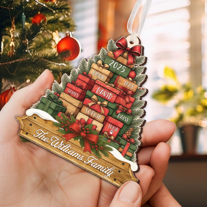 Family Christmas Ornament 2025, Personalized Stacked Gifts Family Ornament