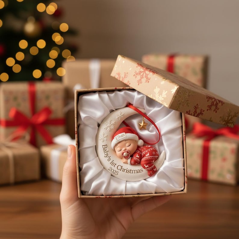 Custom Baby First Christmas Ornament, Personalized Moon Sleeping Acrylic Keepsake