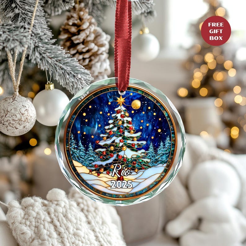 Personalized Christmas Tree Stained Glass Ornament, Custom Name Holiday Tree Decoration