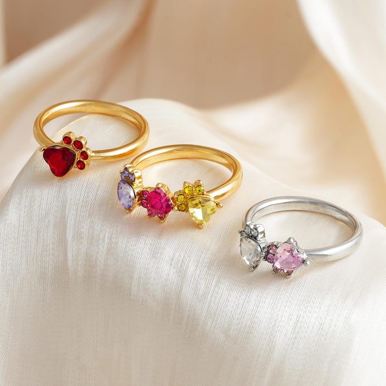 Personalized Cat Paw Birthstone Ring: Sterling Silver Pet Memorial
