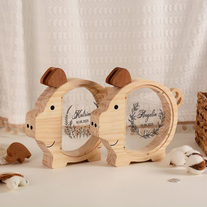 Custom Kid Name Piggy Bank, Custom Wooden Pig Coin Bank, Baptism Gift