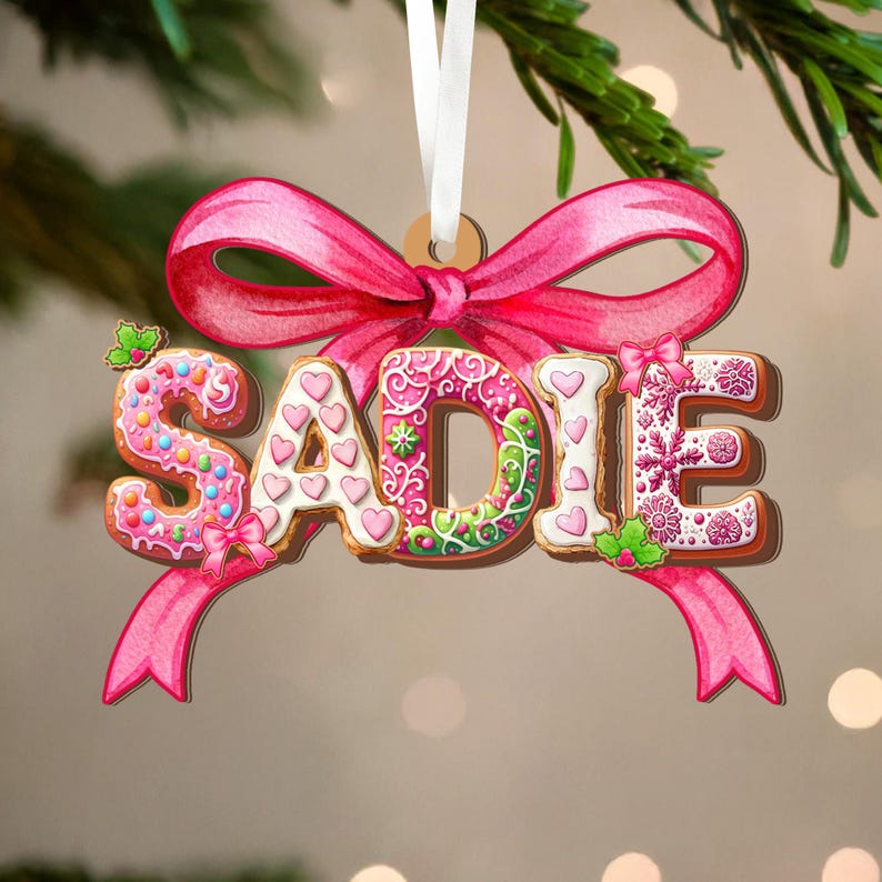 Coquette Pink Christmas Gingerbread Alphabet Ornament