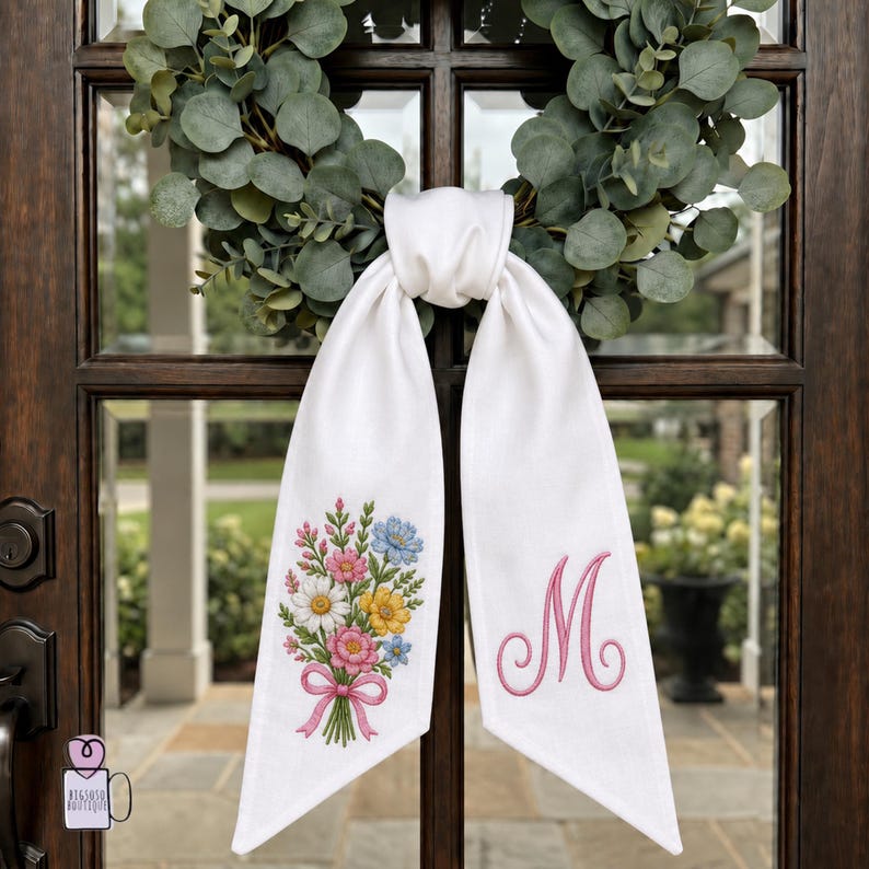 Personalized Flower Wreath Sash Custom Monogram Letter Sash, Floral Door Scarf