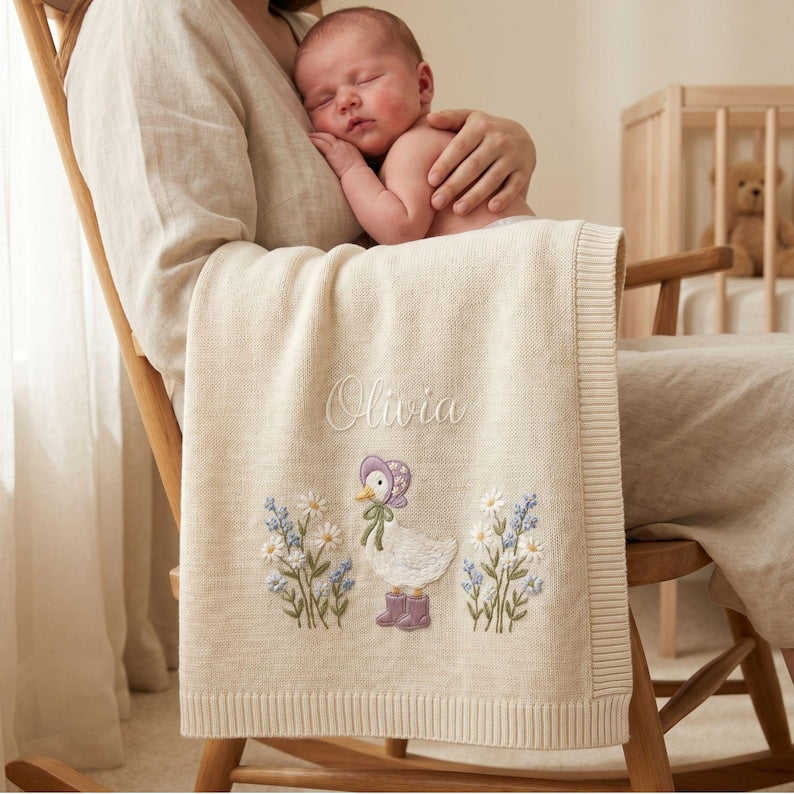 Personalized Wildflower Baby Blanket,Floral Baby Blanket,Embroidered Baby Knit Name Blanket
