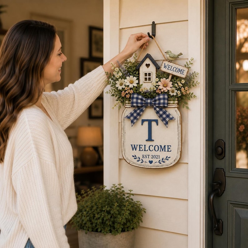 Personalized Welcome Door Hanger, Floral Mason Jar Door Sign, Custom Family Initial Decor