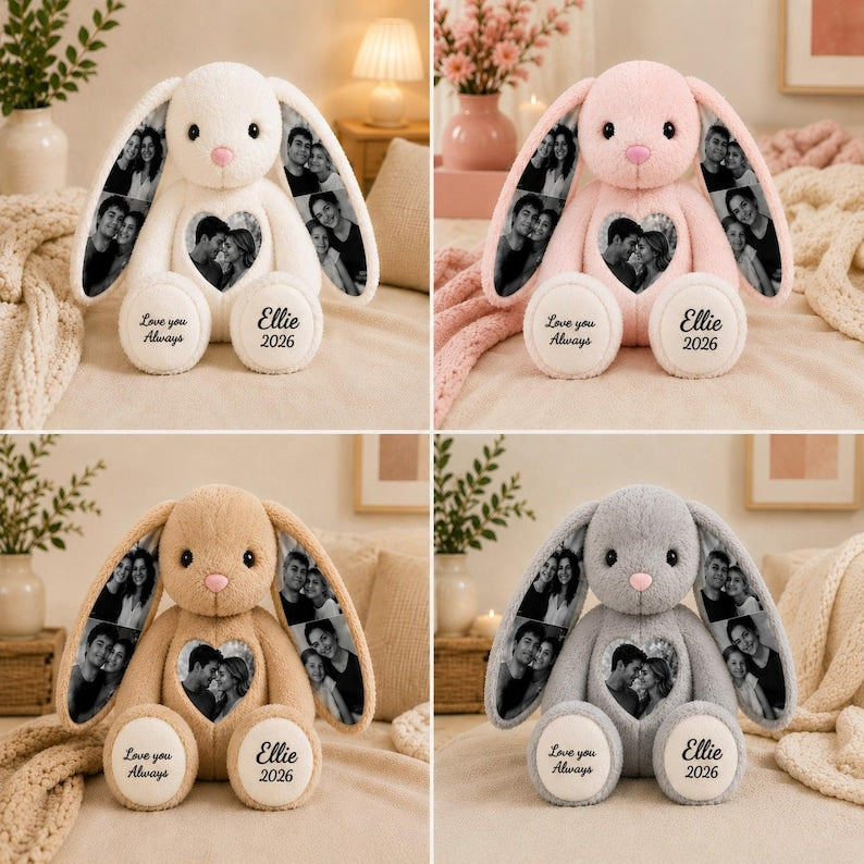 Personalized Plush Bunny with Custom Photo – Hidden Ear Stuffed Animal Gift for Couples