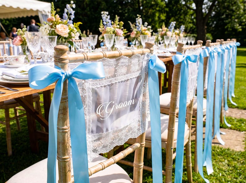 Personalized Lace Just Married Wedding Chair Sash | Custom Bride Groom Chair Banner