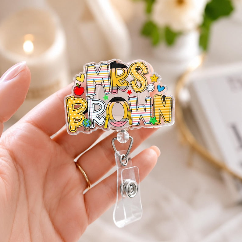 Custom School Pattern Name Teacher Badge Reel: Personalized ID Clip