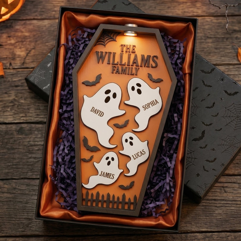 Personalized Ghost Family Coffin Sign, Custom Halloween Decor