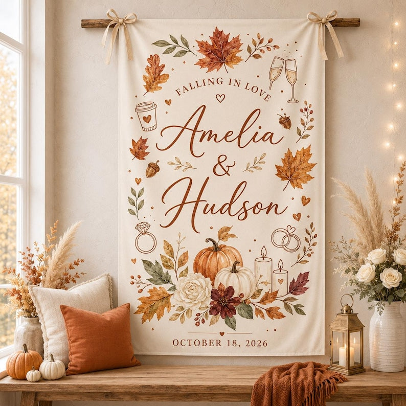 Fall Wedding Tapestry Custom Couple Names Autumn Leaves Pumpkin Wall Hanging