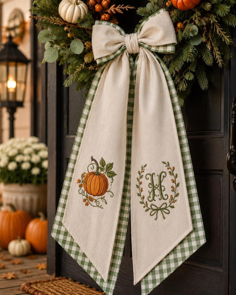 Monogrammed Pumkin Halloween Thanksgiving Fall Wreath Sash
