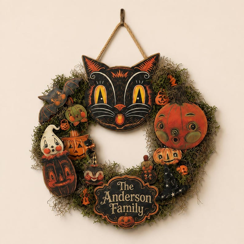 Custom Halloween Wooden Door Sign, Personalized Black Cat Pumpkin Door Hanger