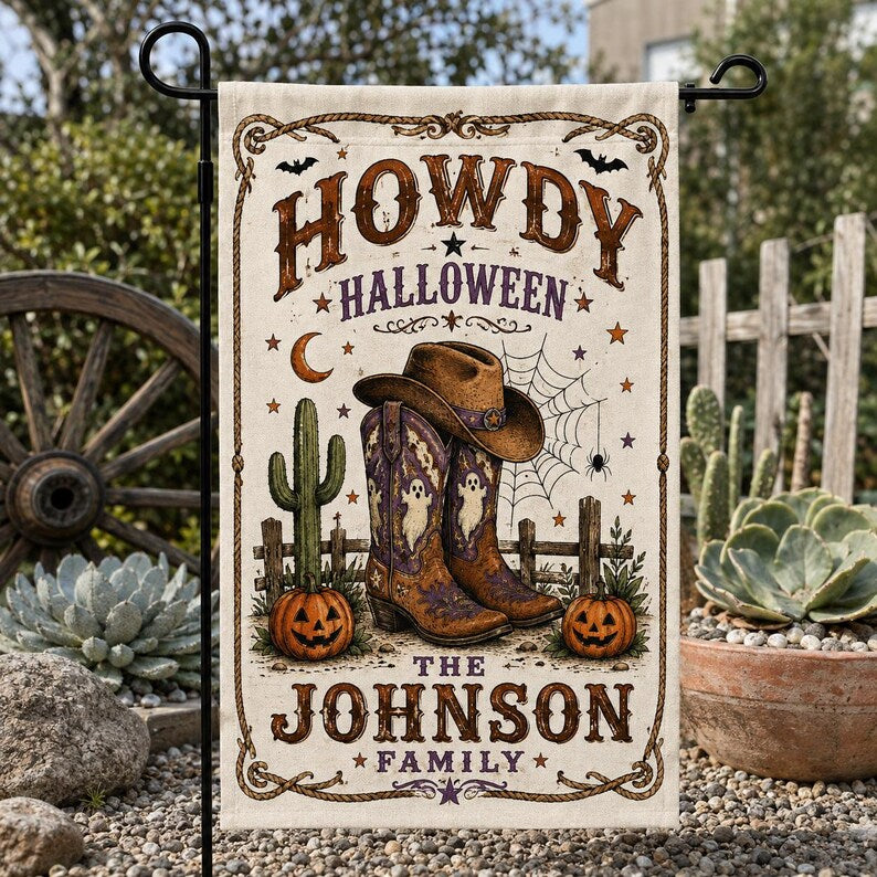 Personalized Howdy Halloween Garden Flag, Custom Family Name Western Cowboy Boots Yard Flag