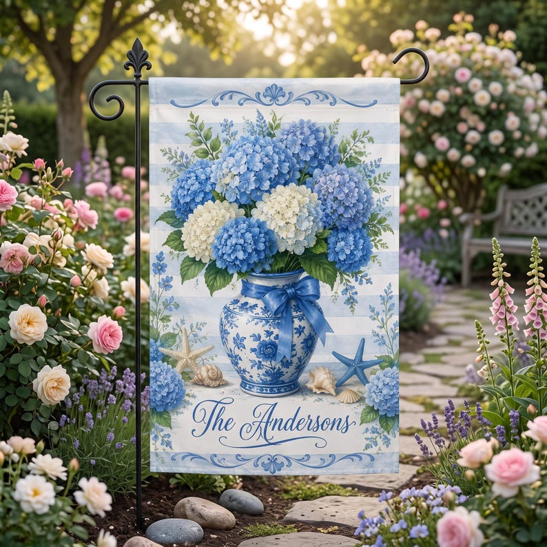 Personalized Blue Hydrangea Garden Flag, Custom Family Name Yard Banner