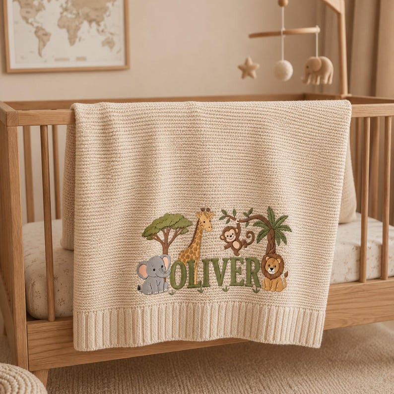 Personalized Embroidered Lion Baby Blanket Name - Custom Name Knit Giraffe Safari Newborn Gift