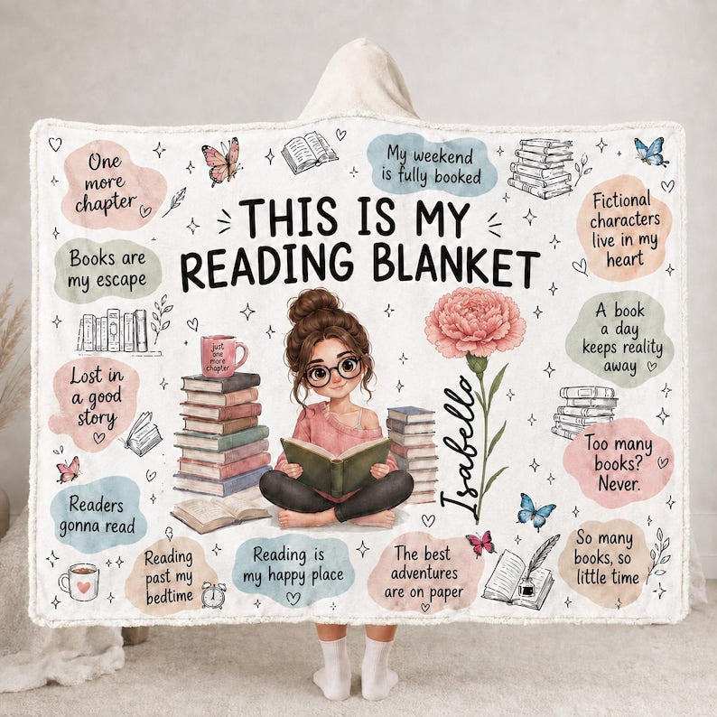 Custom Name Girl Reading Blanket, Personalized Hooded Bookish Throw Blanket