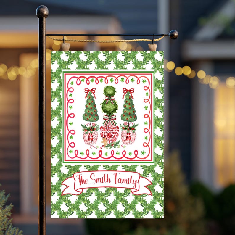 Christmas Garden Flag Personalized Family Name Gift Outdoor Holiday Topiary Tree Red Chinoiserie