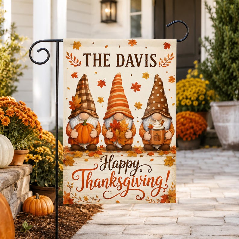 Personalized Thanksgiving Gnome Garden Flag, Custom Family Fall Pumpkin Yard Flag