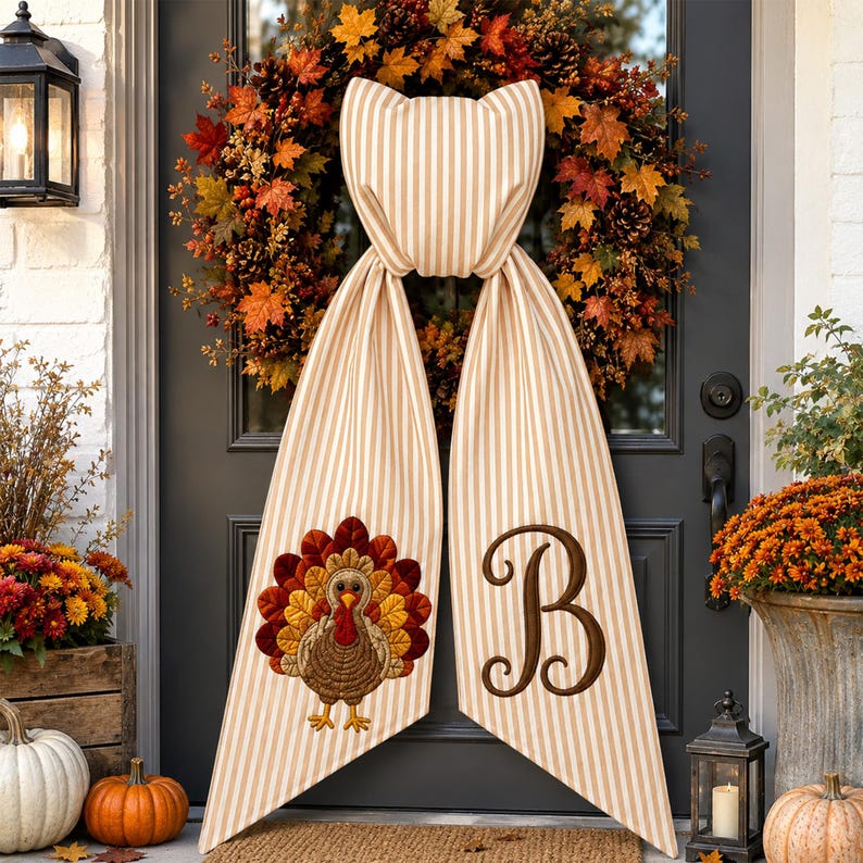 Thanksgiving Wreath Sash, Custom Turkey Monogram Bow